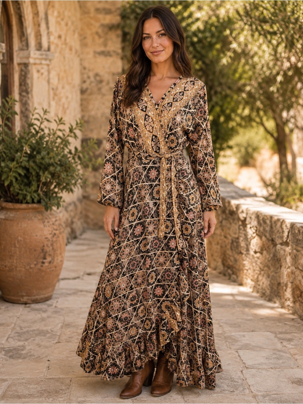 Cienna Boho Printed Wrap Maxi Dress in Brown